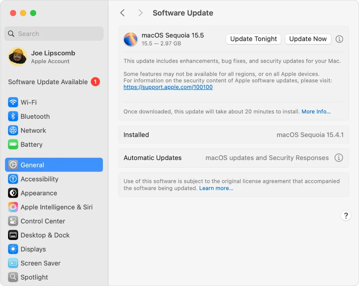 بخش Software Update در تنظیمات سیستم عامل مک
