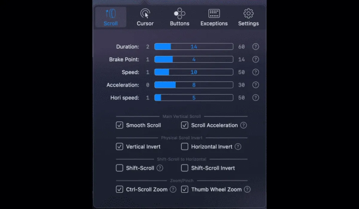 تنظیمات برنامه Better Mouse برای مک