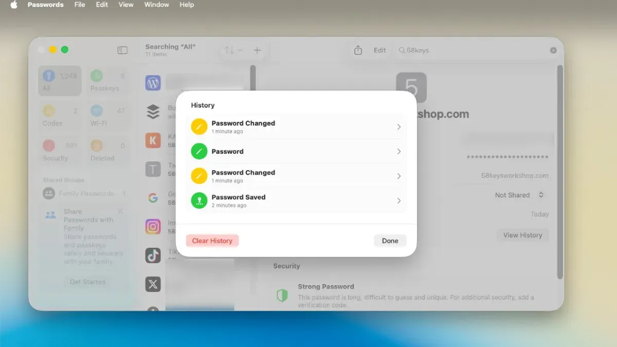 حذف تاریخچه برنامه Passwords