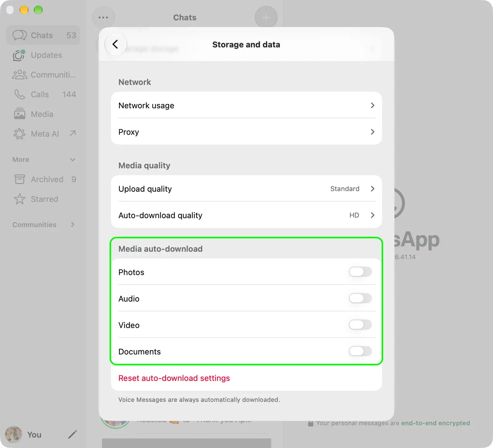 بخش Media auto-download در واتساپ مک