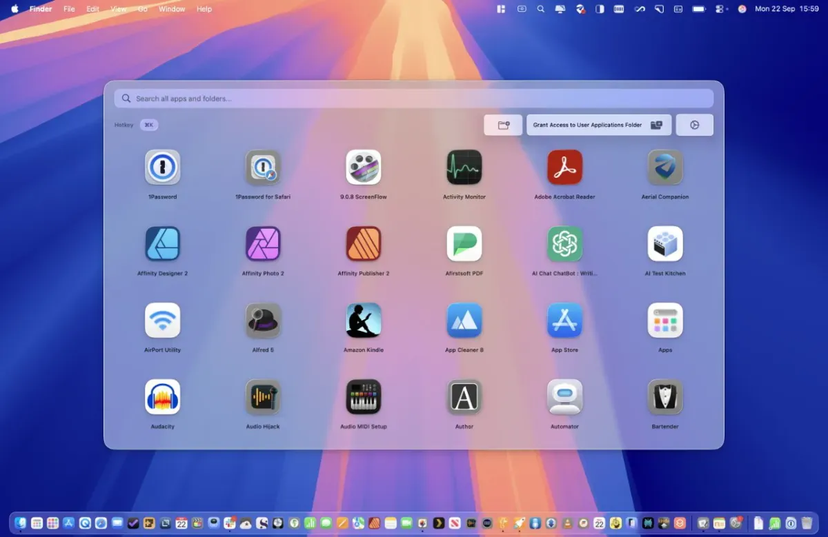 نمایی از محیط کاربری برنامه Launchie در مک او اس