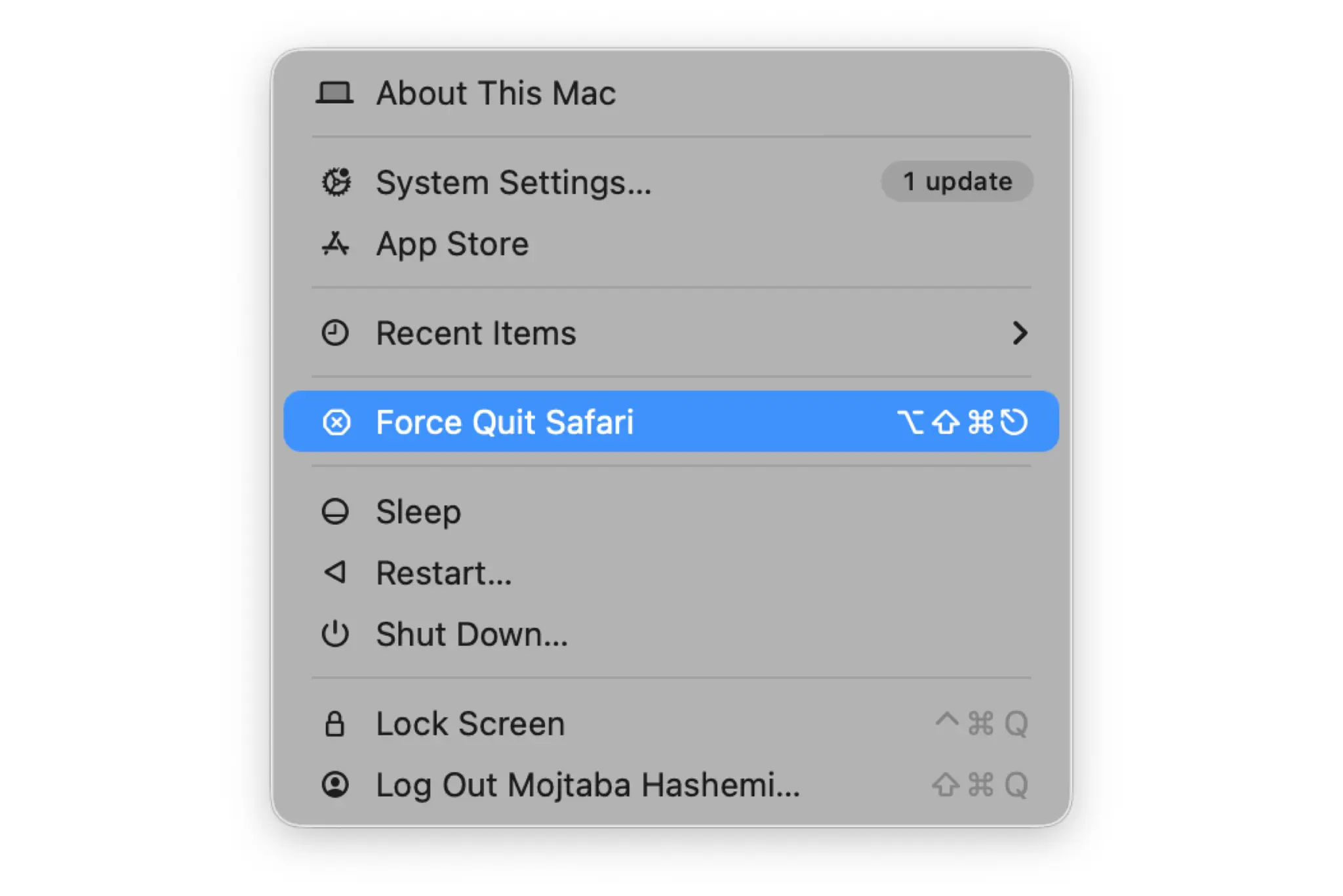 بستن برنامه با Force Quit از طریق منوی اپل